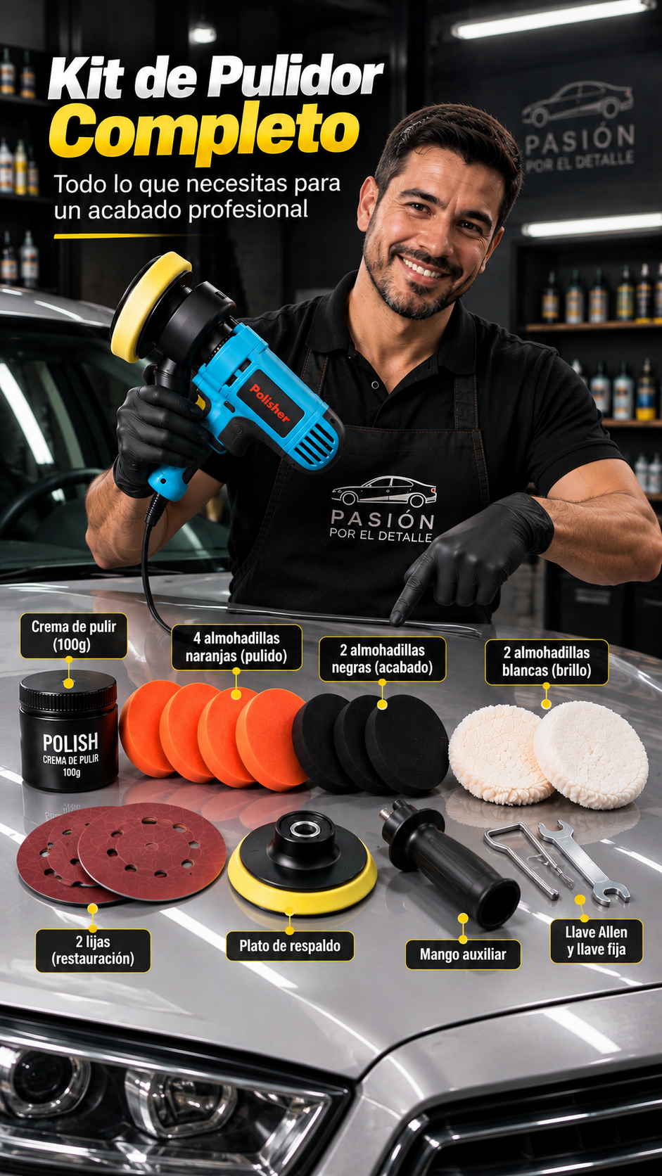 Pulidor / Lijador con 8 velocidades  regulable y 10 Accesorios